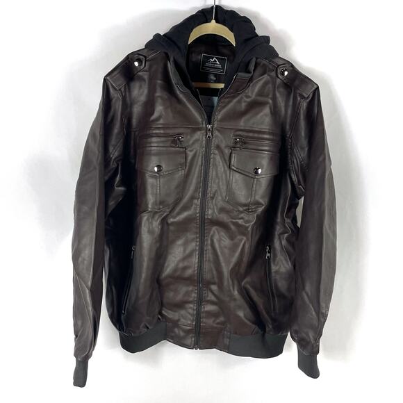 MagcoMsen Faux Leather Jacket Brown Layered Removable Hood Moto Sz XL Men's - Picture 4 of 13